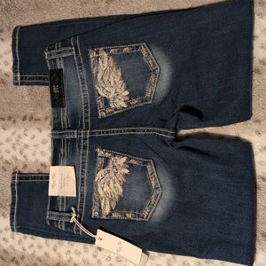 Miss Me Dark Blue Skinny Jeans Angel Wing Embroidered Pockets 29